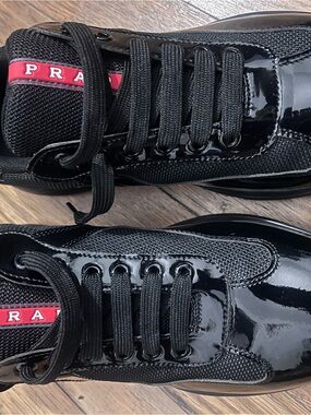 Prada Black Patent & Mesh Sneakers with Red Logo Tape